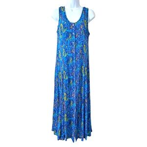 Down Under Vtg 90s Y2K Abstract Sailboat Blue Button Midi Dress M Nautical